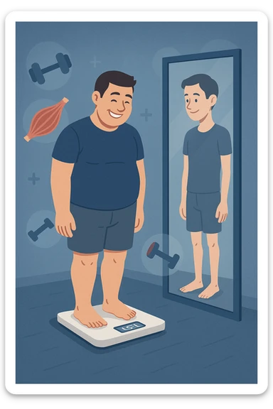 a man stands on a scale, smiling at the lower number, but his reflection in a nearby mirror shows a thinner, but also visibly weaker and less muscular body. Around him, floating icons or faded images of muscle fibers and dumbbells highlight the overlooked loss of muscle mass. The mood is cautionary and educational. in italiano sticker