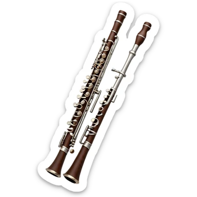 Cinematic Realistic Oboe, slender and elegant dark wood body, silver-plated keys catching soft highlights, delicate reed resting at the top, glowing with refined and classical beauty. sticker