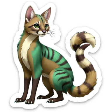 Colorful dark tropical dusky-hunter-green and dark-brownish glorious divine exotic cute cool beautiful shiny beautiful fantasy-caracal-civet-genet-sergal-vernid-Cacomistle-oncilla-animal-Fakémon-hybrid-fursona (full body) sticker