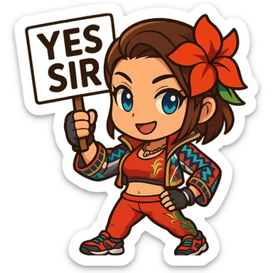 Azucena from Tekken 8 in chibi sticker style, holding a sign that says 'YES SIR', confident expression, wearing the detailed red and patterned outfit from the reference images, designed for Twitch emote use. sticker