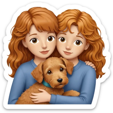 Woman with ginger wavy hair, curtain bangs and freckles hugging her wire haired Lakeland terrier dog sticker