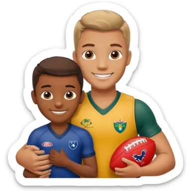 A sportsman has his arm around a young fan and they are holding a AFL sherrin, they are in australian colours, they are smiling, one is white and one is brown sticker