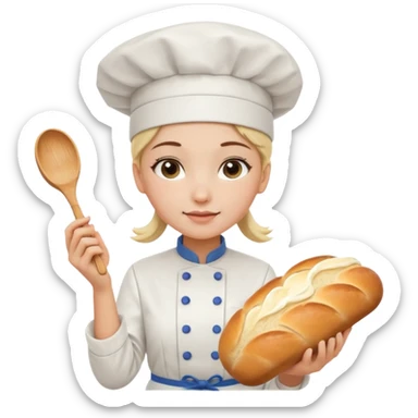 Young female baker - white chef hat, holding cream piping bag to milk oil on bread sticker
