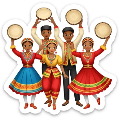 Icon for Folk Dance: a group of men and women 4-5 persons in vibrant national costumes, performing a traditional dance. Some dancers hold castanets and tambourines, capturing the energy and cultural heritage of folk dance. Transparent background. sticker