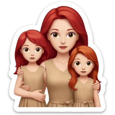White woman in beige dress with long red hair and makeup with two kids in beige clothes  sticker