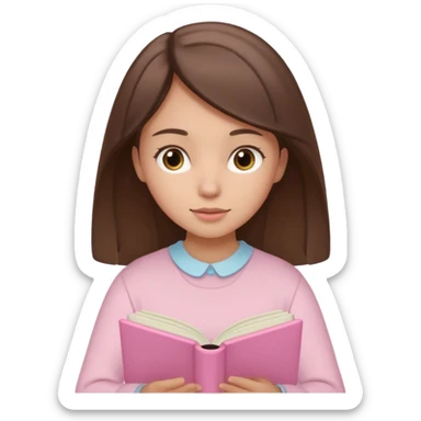 Very light brown skinned brunette girl reading a pastel pink book sticker