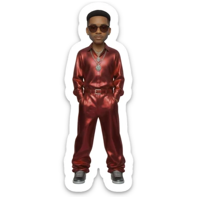 Ginuwine, R&B Singer with black short hair, red metallic shirt, burgundy metallic baggy pants, silver necklace sticker