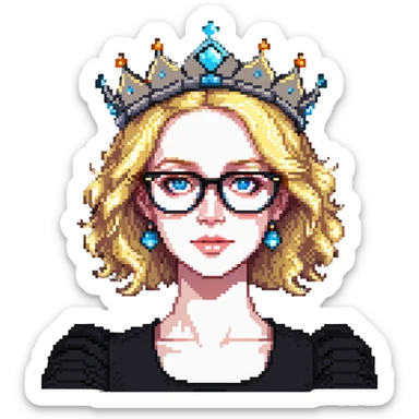 beautiful princess with blonde hair, bright blue eyes, wearing stylish glasses and a crown sticker