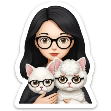 A girl with long black hair and glasses holding a bichon and a white devon sticker