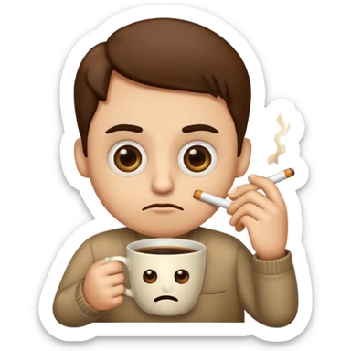 Create an emoji that is tired of life with big eye bags and annoyed. He needs to have a coffee and a used cigarette next to him or his hands  sticker