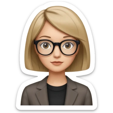woman dark blonde petite bob haircut wears dark squarish glasses, classic clothes sticker