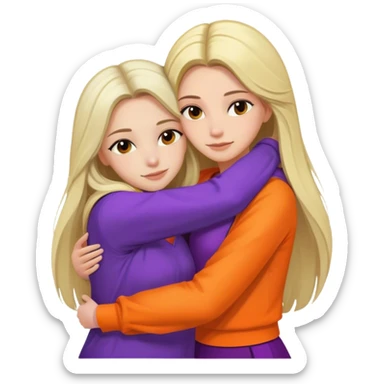 Black and blonde long hair ladys hugging each other with purple and orange clothes  sticker