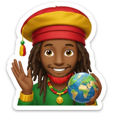 A rasta man bigging up di whole world 🎯🌍👊🏾👊🏻👊🏿🌍🎯 reggae vibes 🎶, love and unity ✨💛💚❤️, every nation stand strong 🇯🇲🌐 with the world in his hand sticker