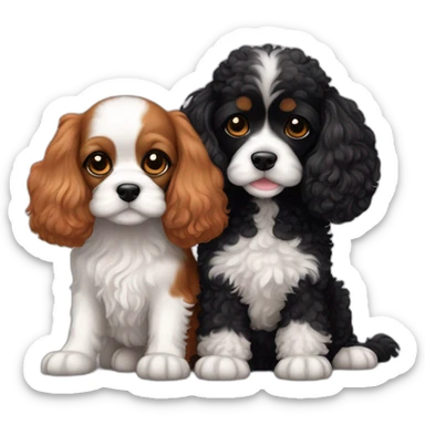 white and ginger  cavalier king charles spaniel and black mini poodle cuddle each other  sticker