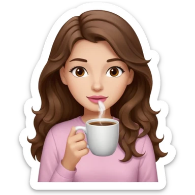 girl with wavy long brown hair, brown eyes, light to medium complexion, long lashes, light pink lipstick, wearing light pink shirt, sipping coffee sticker