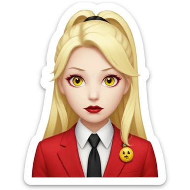 Woman with porcelain white skin, thick blonde hair that's in a thick, long ponytail, has a black nose, yellow scleras, red pupils, and a red suit with a black tie. Demon sticker