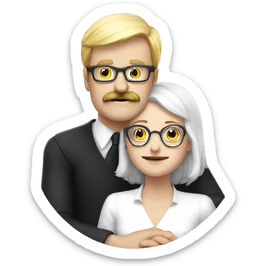 Hug between a bold white man with moustache and glasses and a white woman witch  sticker
