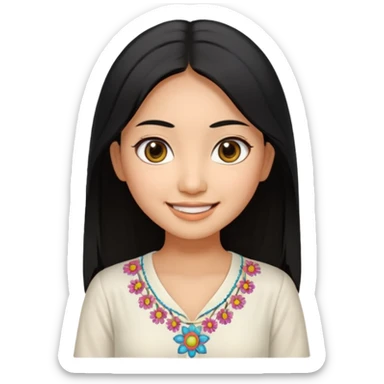 30 yr old asian woman center parted hair big eyes big smile tanned skin straight black hair hippie part hair white blouse sticker