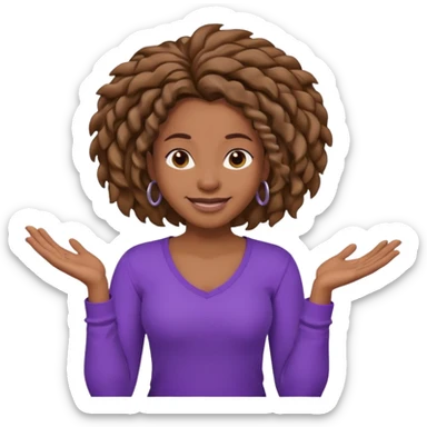black woman with locks shrugging-smiling with purple shirt sticker
