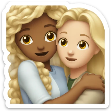 Two friends, a blonde with green eyes and a brown-haired woman with brown eyes, hug  sticker