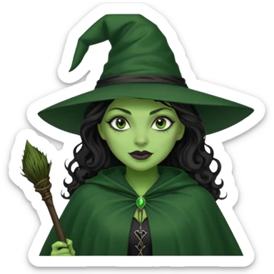 elphaba wicked witch with broom close up, evil dark curly long dark hair, green skin, thick green lips, cheekbones, smirk evil menacing cythia erivo dark aesthetic black hat cloak black broom sticker