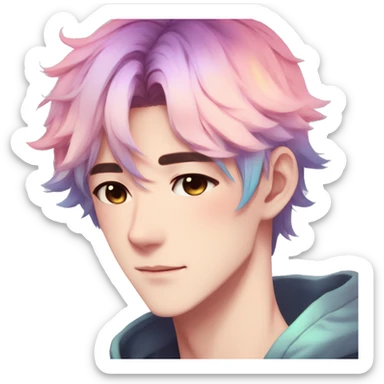 Gorgeous anime style guy with blushing face aesthetic and pretty colorful shiny gradient pastel hair trending style sticker