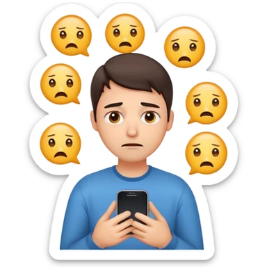 Same emoji avatar, overwhelmed expression, tired eyes, slightly stressed face, holding a smartphone with notifications piling up sticker