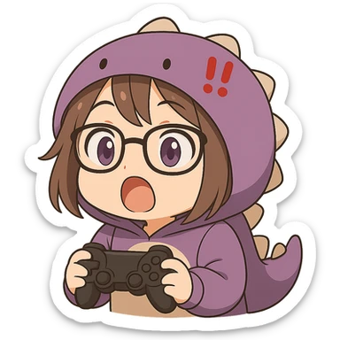 Chibi anime style gamer girl with glasses, brown hair, dark purple eyes, wearing a purple dinosaur costume, making a surprised emote, no background, same style as reference. sticker