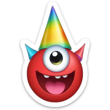 red monster one eye smile face with a rainbow party hat sticker