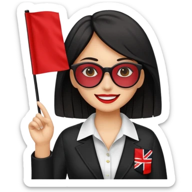Una mujer morena (de pelo)  con una coleta de color negro) y gafas de sol de color negro y una bandera roja en la mano sticker