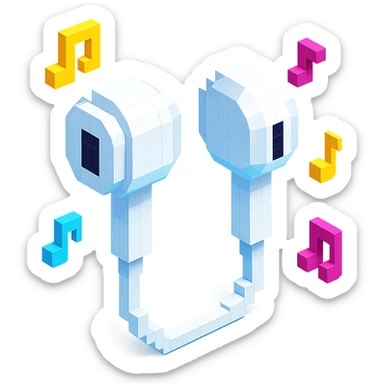 white EarPods headphones with a playful twist, surrounded by tiny music notes sticker