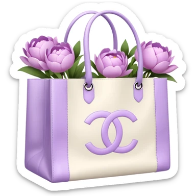 Realistic white chanel shopping bag with lilac peonies in it sticker
