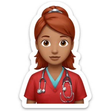 Medical assistant wearing redish scrubs with sethscope  sticker