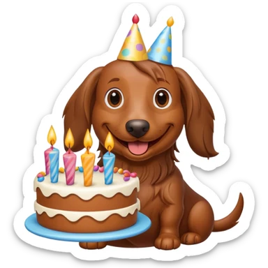 Brown long haired wiener dog with birthday cake sticker