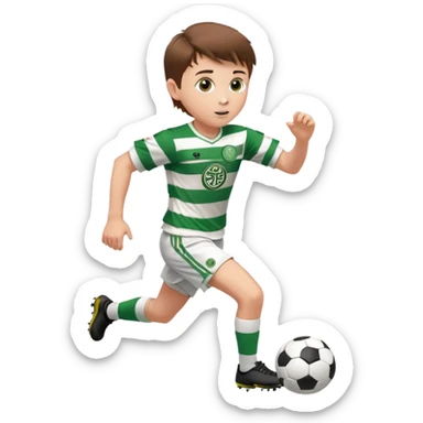 Celtic footballer jersey logo  6 years old brown hair white boy , brown eyes , stripes uniform , RUNNING  with soccer ball # 17 celtic football logo PUT ONLY ONE LOGO ONE CELTIC LOGO ONLY white shorts sticker