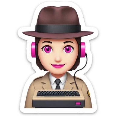 a character with a retro computer for a head, that has hot pink pixelated eyes and a smile, and wearing a detective suit sticker