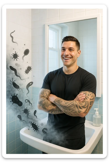 a man stands in a brightly lit bathroom, looking relieved and revitalized as he examines his reflection in the mirror. In the foreground, stylized, shadowy images of parasites (such as worms or protozoa) are shown leaving his body, dissolving into mist or fading away. His posture is upright and his expression is one of newfound energy and health. sticker