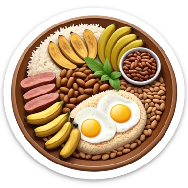 Cinematic Realistic Bandeja Paisa Dish Emoji, depicted as a hearty platter featuring beans, rice, meat, and plantains rendered with detailed textures and vibrant, robust lighting. sticker