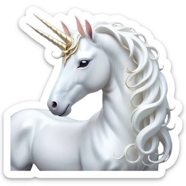Beautiful and Majestic White Unicorn Portrait Emoji, Head and body exuding serene brilliance with a luminous, flowing mane and a gracefully spiraled horn, eyes gently closed in peaceful reverie, Simplified yet exquisitely enchanting features, highly detailed, glowing with a soft, celestial light, high shine, serene and utterly majestic, stylized with an air of timeless fantasy, soft glowing outline, capturing the essence of a beautiful and majestic white unicorn that embodies the pure magic of legend! sticker
