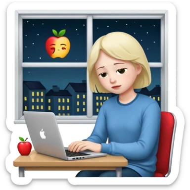 tired student with laptop, window at night behind, slouched posture, apple style emoji sticker