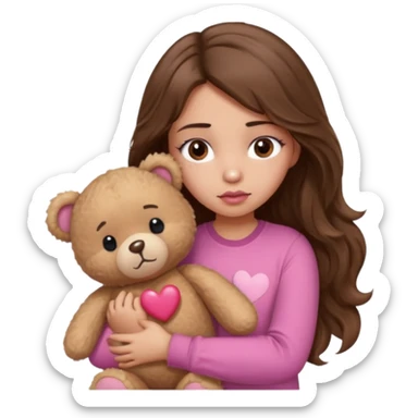 girl with long wavy brown hair, brown eyes, light to medium complexion, in a pink shirt, pink lips, long lashes, sad, hugging squeezing  a teddy bear with hearts sticker