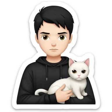A bad boy with black hair wearing a sweatshirt holding a white cat sticker