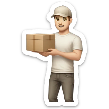 Pale skinned fit Man with dark brown hair in a beige cap, gray jeans, brown polo and white T-shirt keeping a pasted with tape white box into his hands sticker