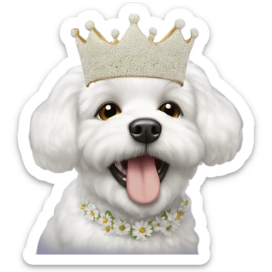 A happy bichon wearing a crown made of daisy flowers  sticker