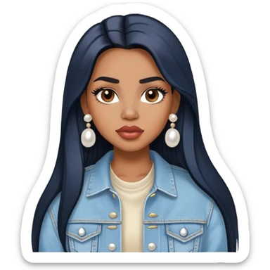 light brown skin tone, very beautiful woman, with big plump lips, long long lashes, black straight long hair, brown eyes, light blue denim jacket, pearl stud earrings sticker