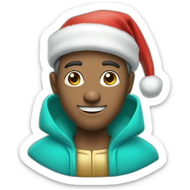A man with a turquoise robe with a Santa Claus hat and a strange smile sticker