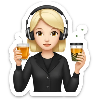 a young woman full length walks with headphones on with a caviar toast in one hand and herbal tea in the other hand sticker