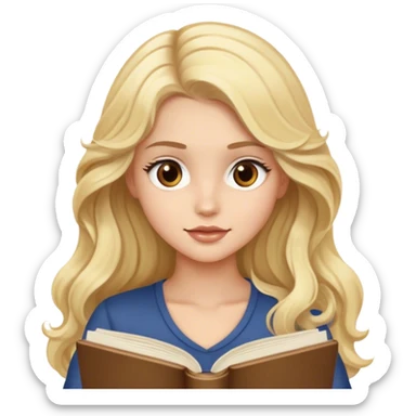 Blonde model with brown eyes, long wavy hair, reading a book sticker