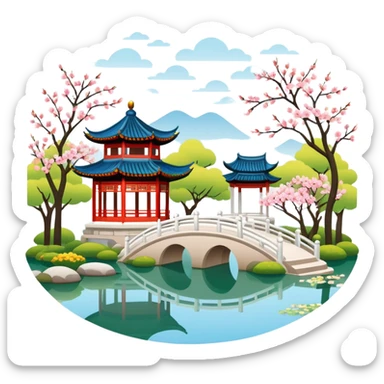 Suzhou garden with spring blossoms and pavilion by pond, simplified emoji style with bold outlines , emoji style traditional Chinese garden sticker
