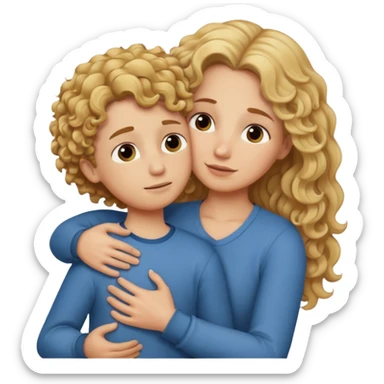 a mother with blond curly long hugging his son with brown hair and like saying its okay sticker
